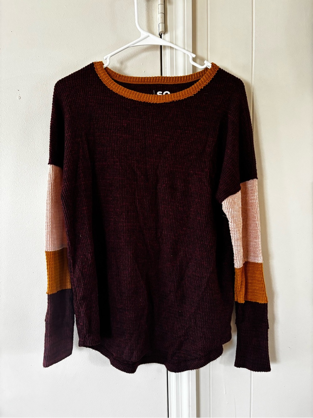 SO Colorblock Long Sleeve Top in Burgundy, Pink & Mustard